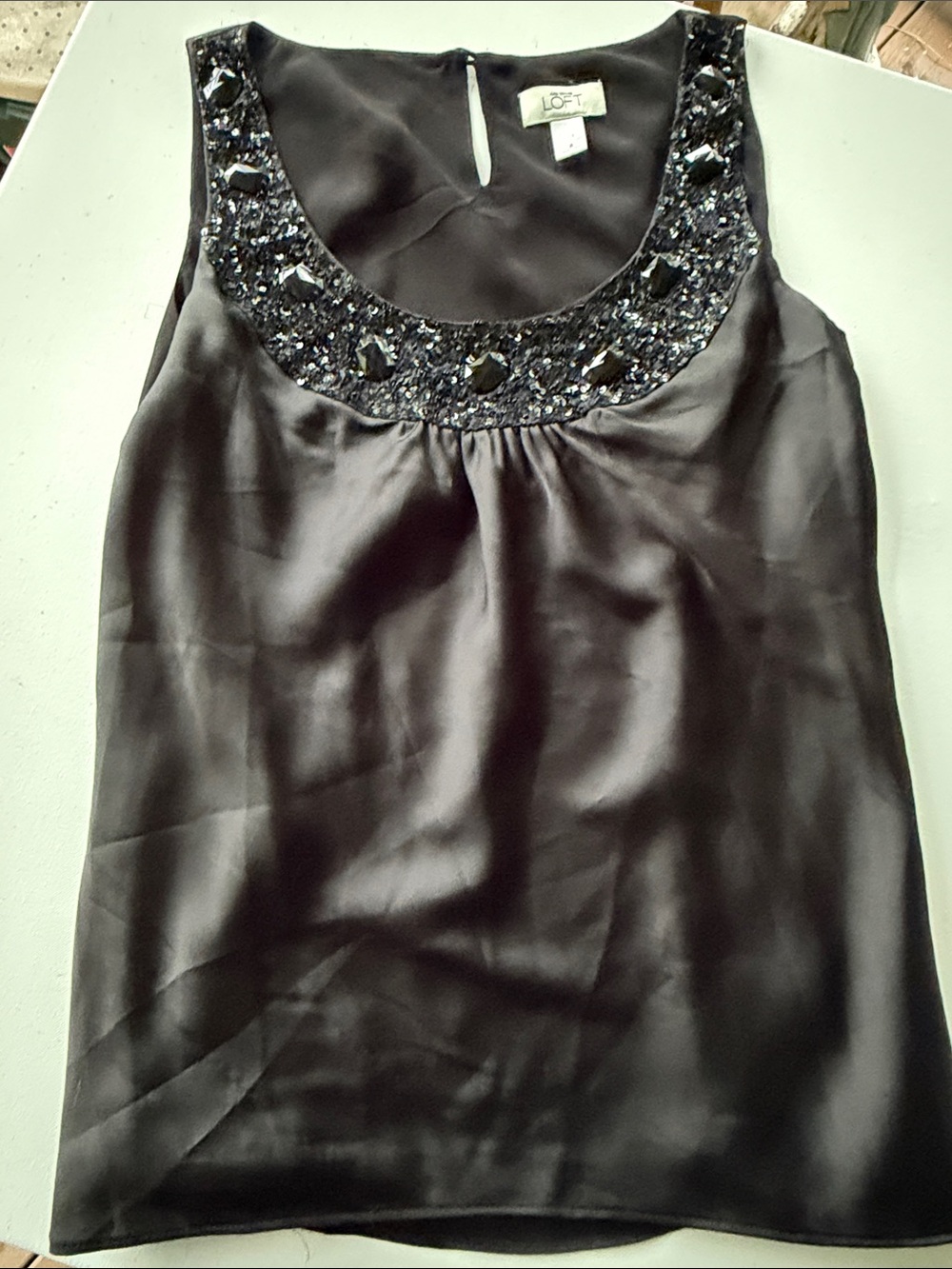 Ann Taylor Loft Sleeveless Black Satin Top Beaded Sequined Neckline